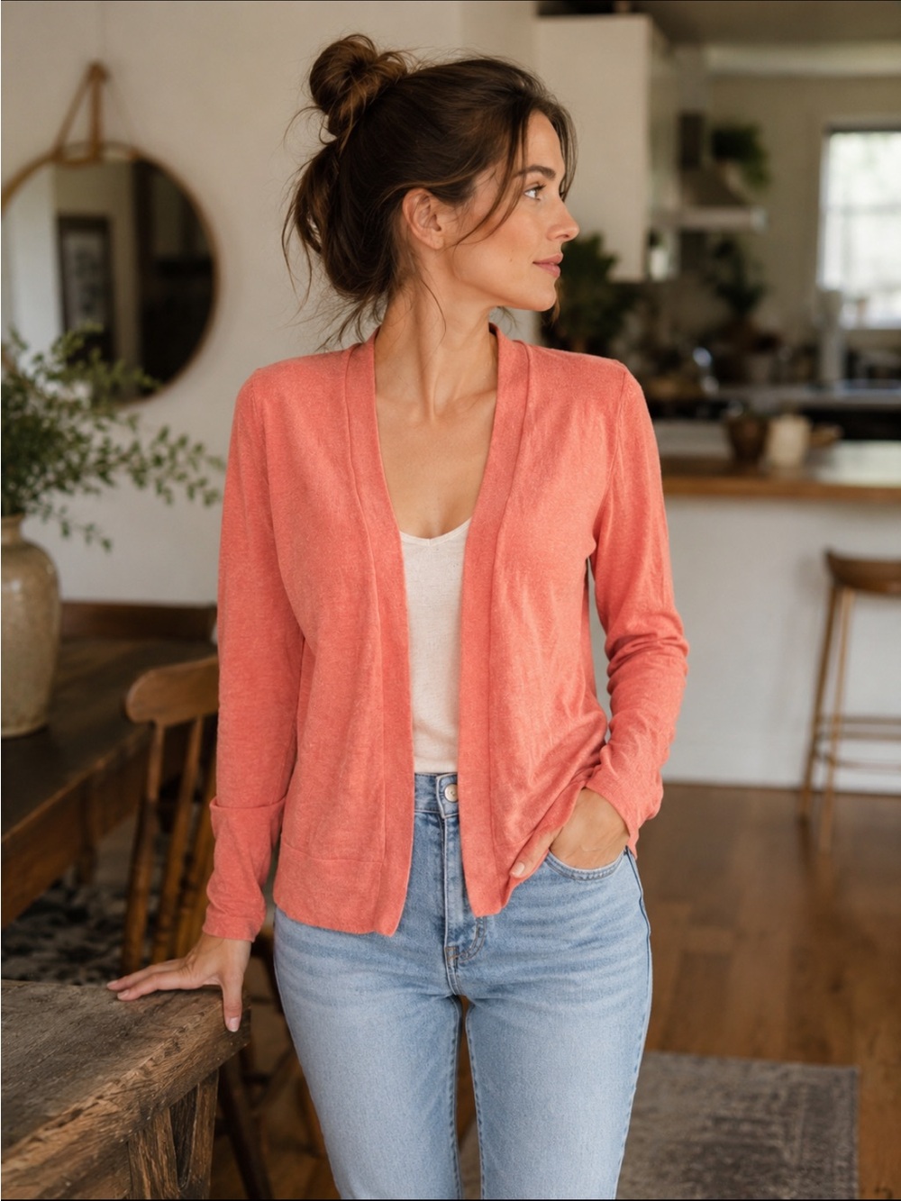 Old Navy Coral Peach Open Front Cotton Blend Cardigan Sweater Small Lightweight